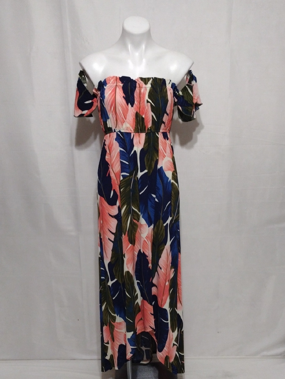 Venus Tropical Leaf Print Off Shoulder High Low Maxi Dress M Resort Vacation - Picture 3 of 16